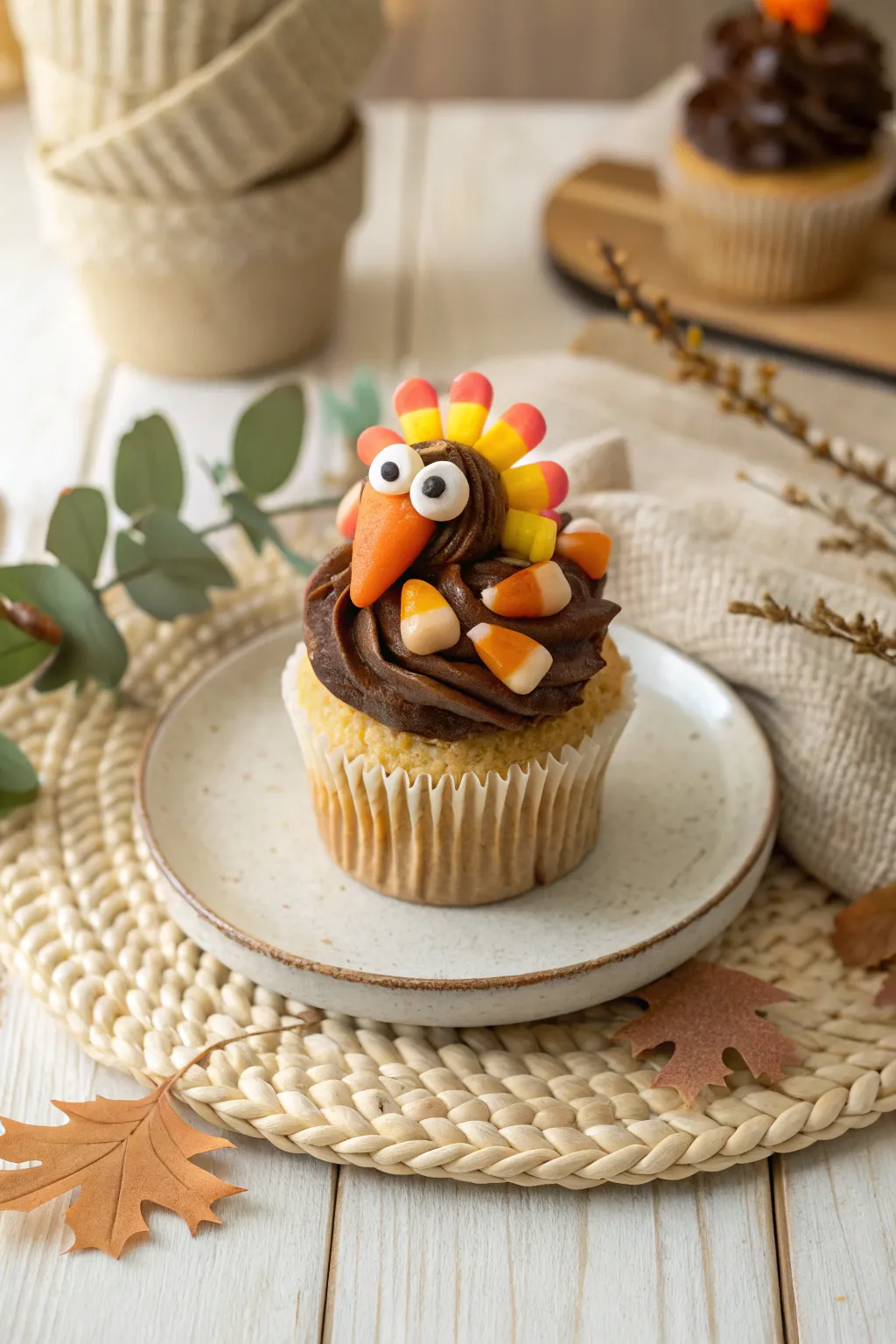 Transform your dessert table with these charming turkey-topped cupcakes, where simplicity meets playful elegance.