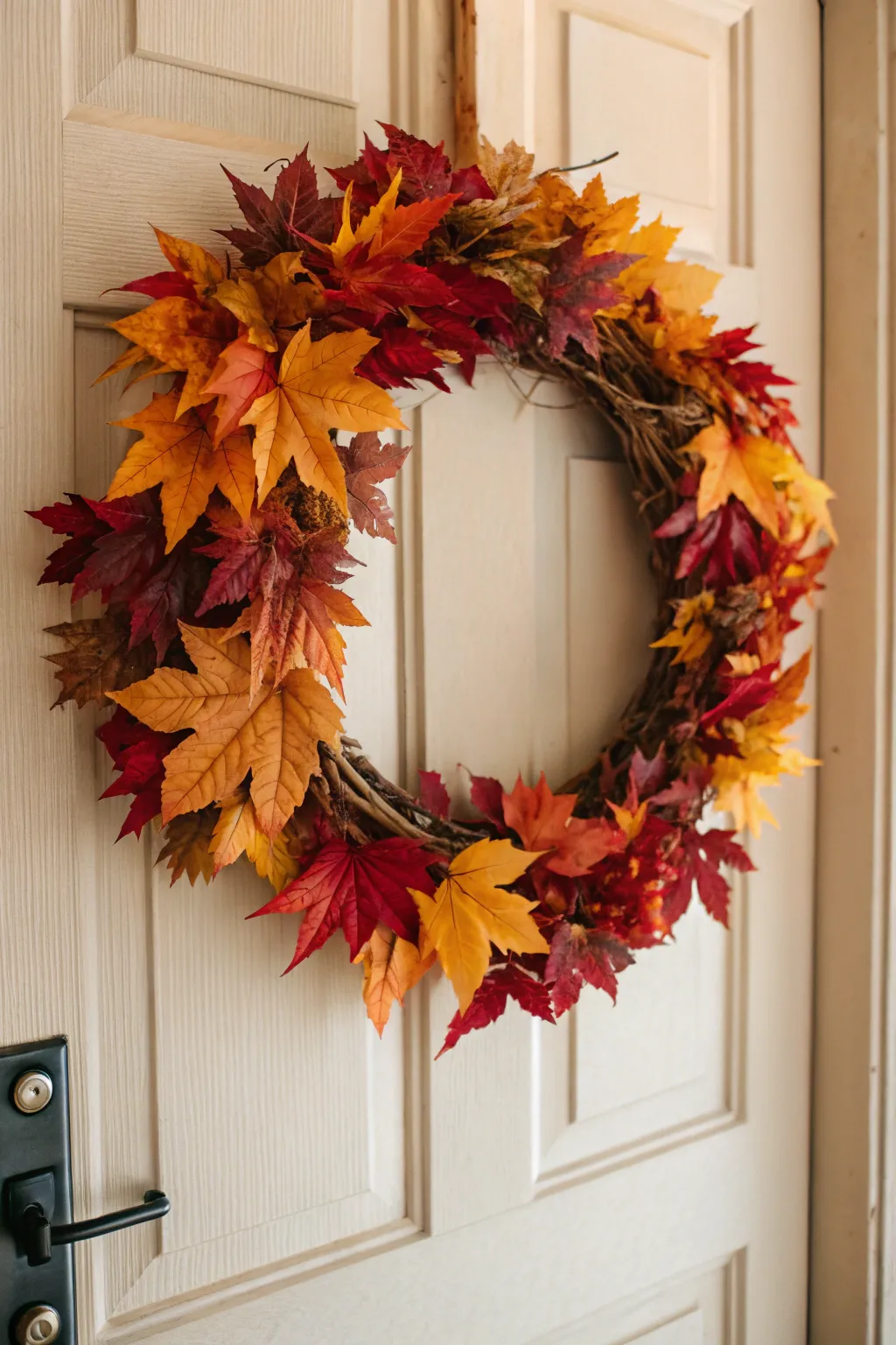 Embrace the season with a touch of nature's artistry: a classic autumn leaf wreath that embodies simplicity and beauty.