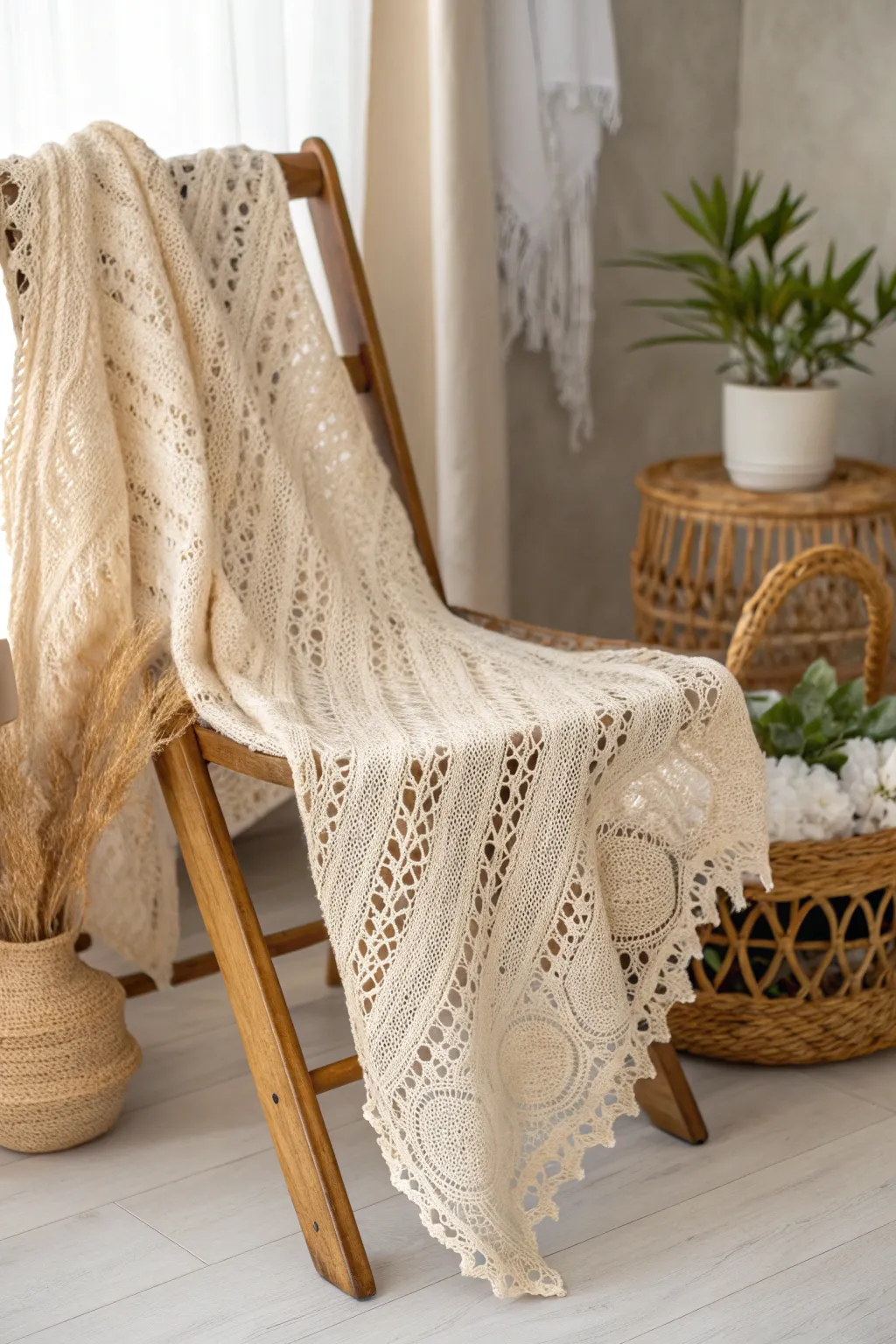 Embrace the art of simplicity with a handcrafted lace shawl—perfect for those gentle summer evenings.