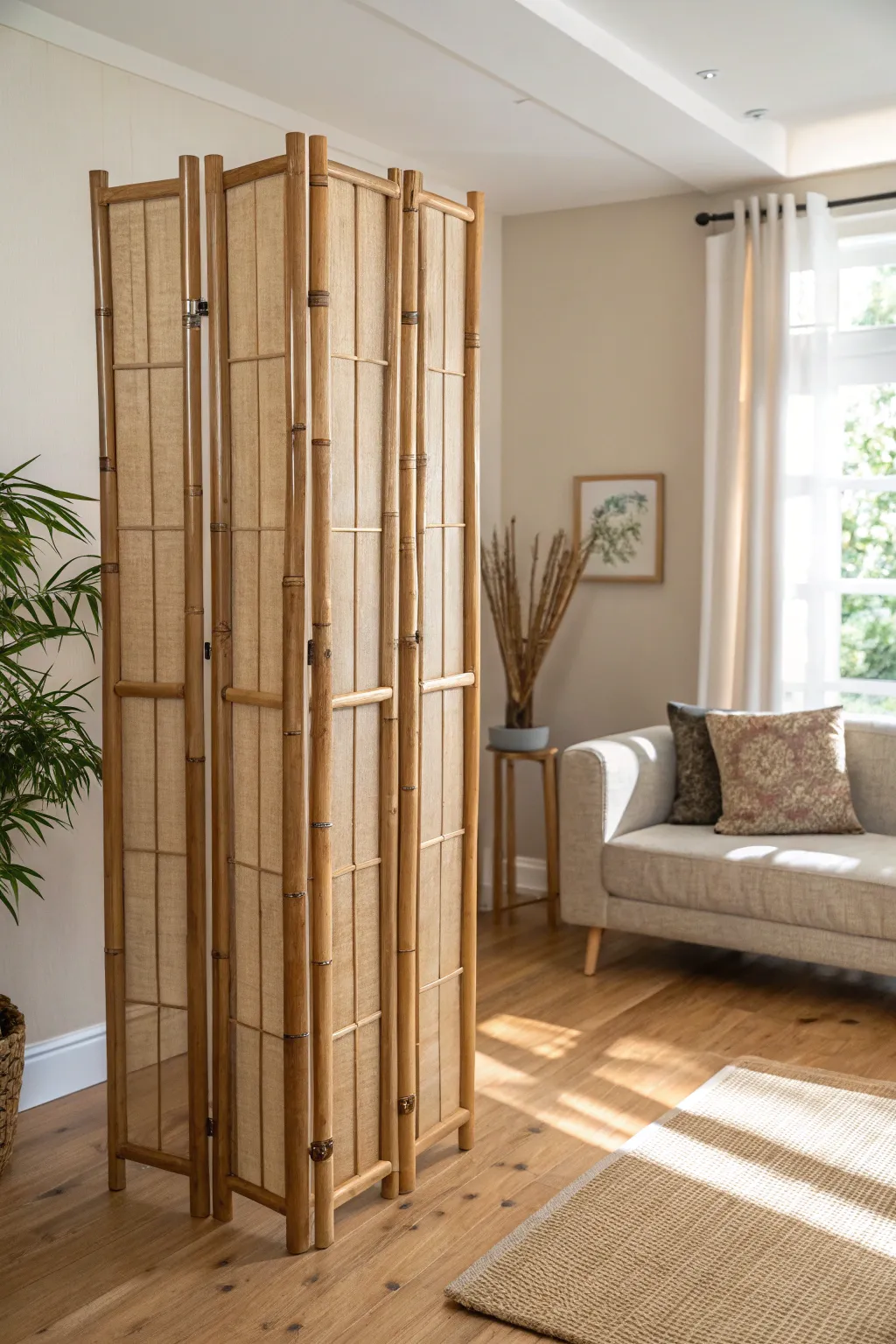 Create your serene escape with a chic bamboo room divider—embrace simplicity and natural beauty.