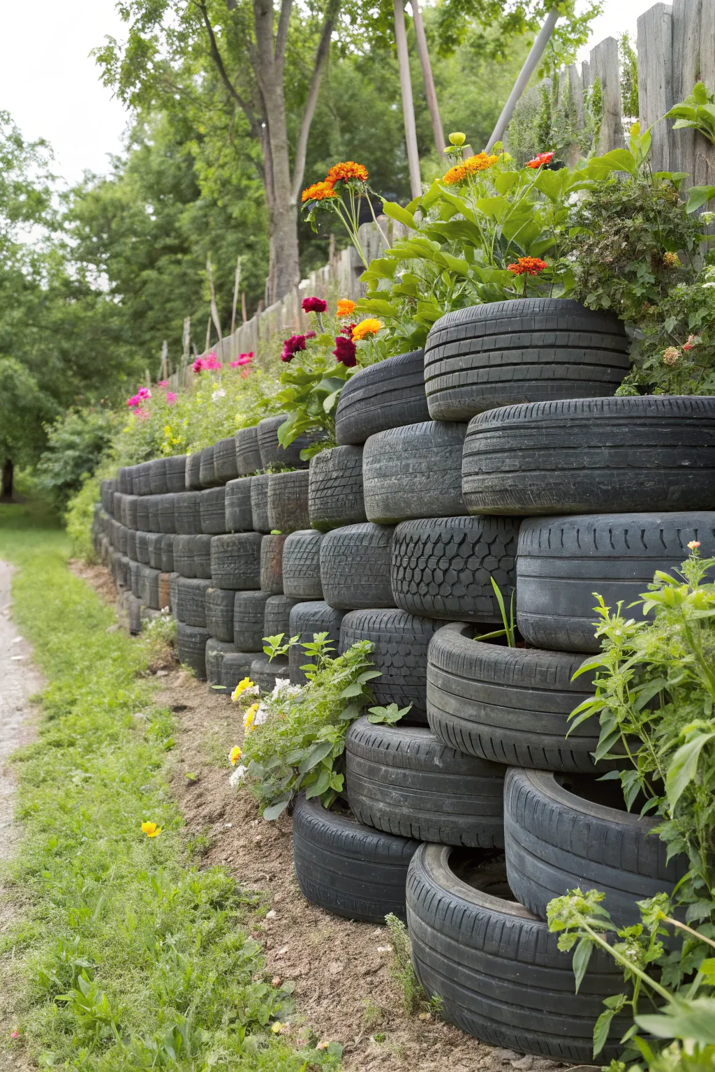 Transform your garden with a unique stacked tire fence—where creativity meets craftsmanship.