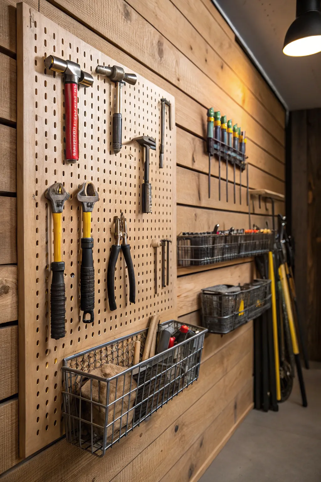 Elevate your workspace with a wall-mounted pegboard – where organization meets craftsmanship.