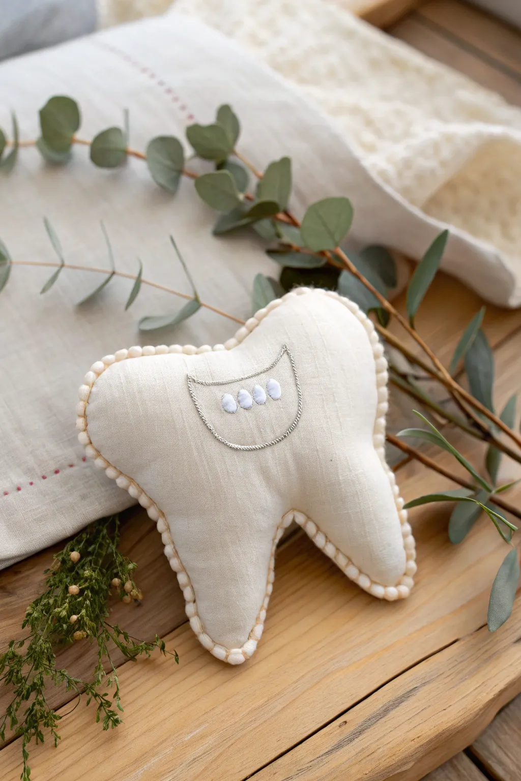 Embrace simplicity and charm with this handmade tooth-shaped pillow, perfect for the little one's tooth fairy visits.