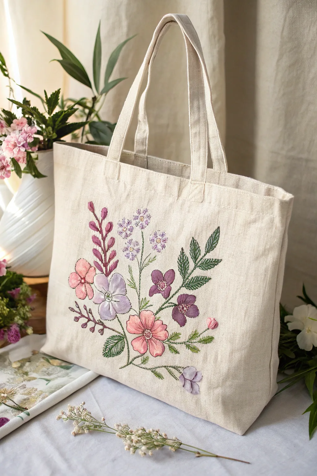 Embrace the elegance of spring with this beautifully embroidered floral tote, perfect for adding a touch of nature to your style.