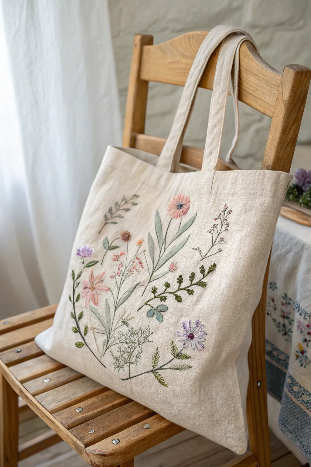 Embrace nature's elegance with hand-embroidered floral designs on a minimalist tote—where simplicity meets craft in perfect harmony.
