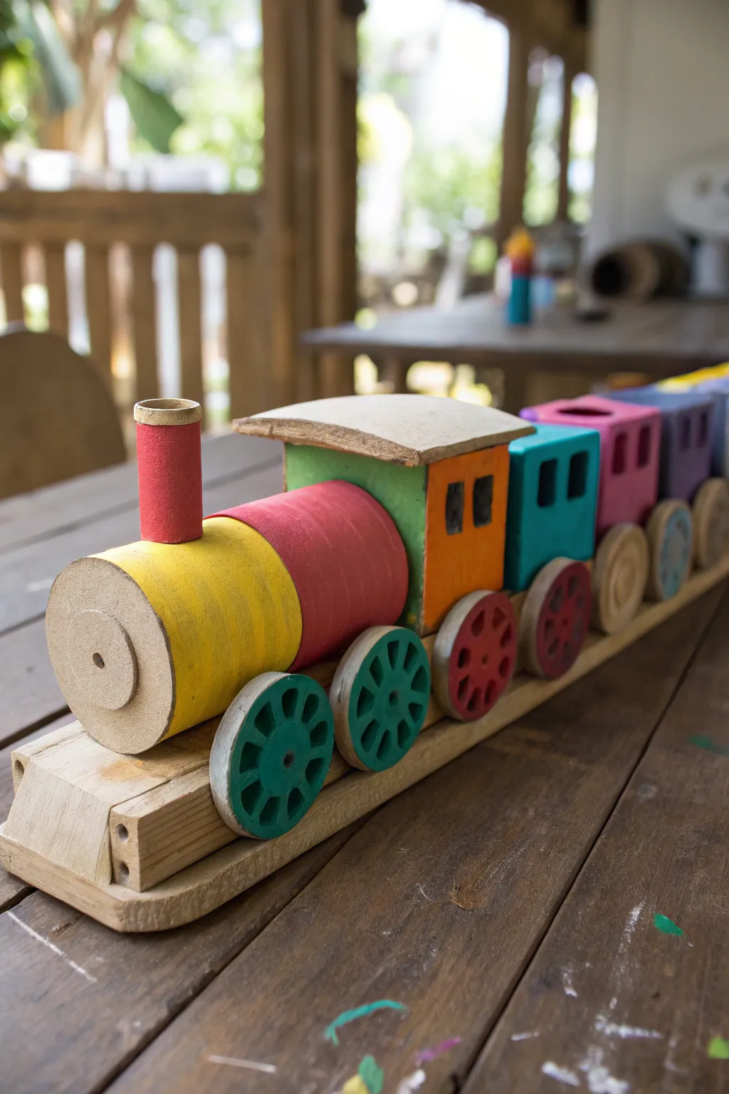 Transform everyday items into a colorful masterpiece with this DIY toilet paper roll train!
