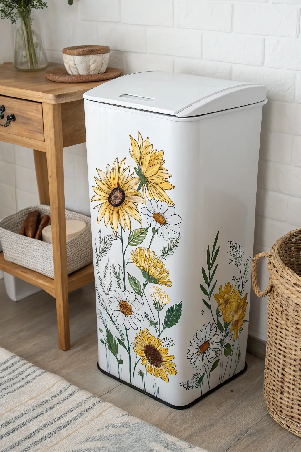 Transform your space with a touch of floral artistry. 🌻🌼 Embrace the beauty of nature with a hand-painted trash can that adds a splash of color and creativity to your decor.