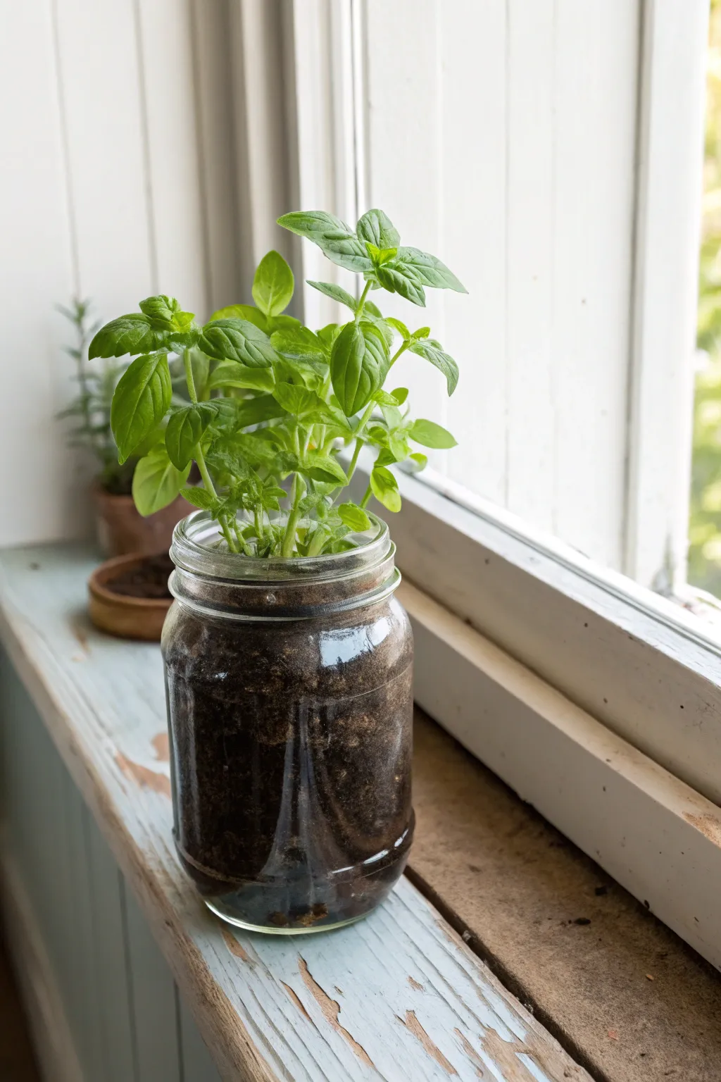 Transform old mason jars into beautiful windowsill planters and bring a rustic touch to your kitchen.