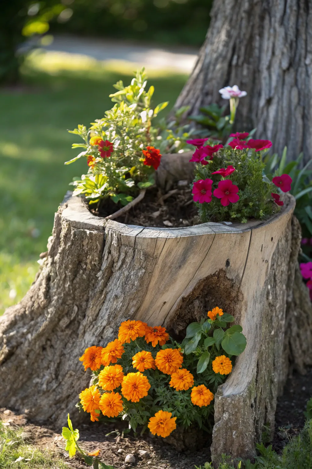 Transform nature's leftovers into a charming garden feature with this stunning tree stump flower planter.