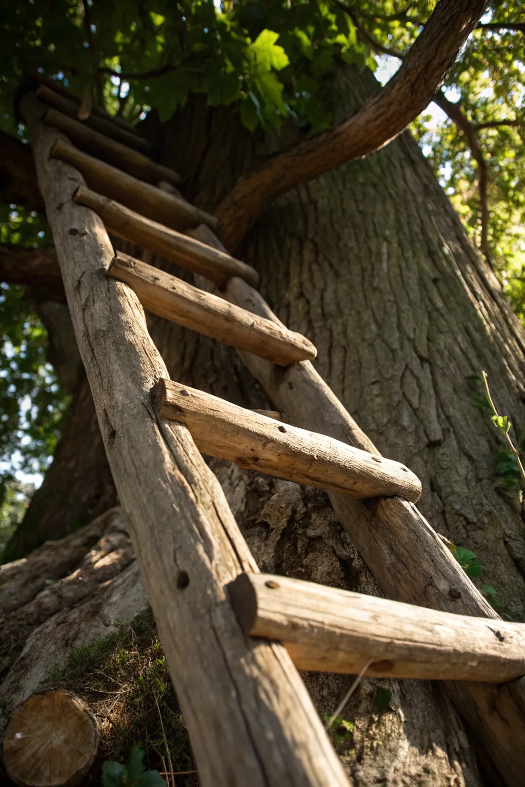 Embrace the rustic elegance of a handcrafted wooden log ladder, a timeless addition to any treehouse.