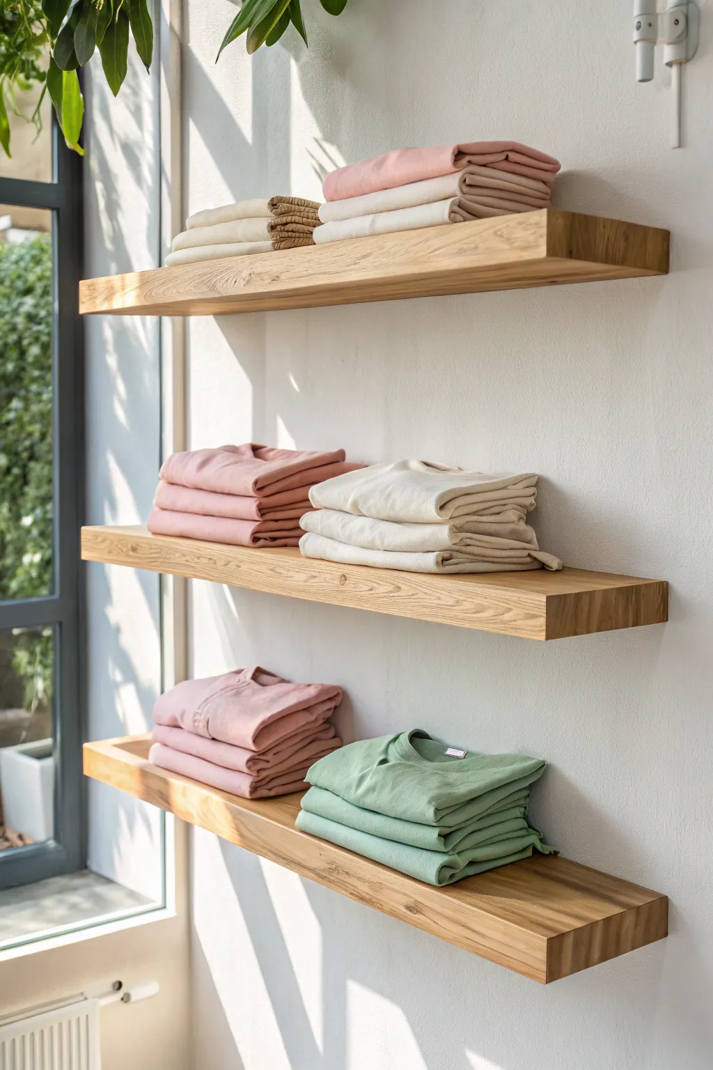 Elevate your t-shirt display with minimalist floating shelves for a clean and chic look.