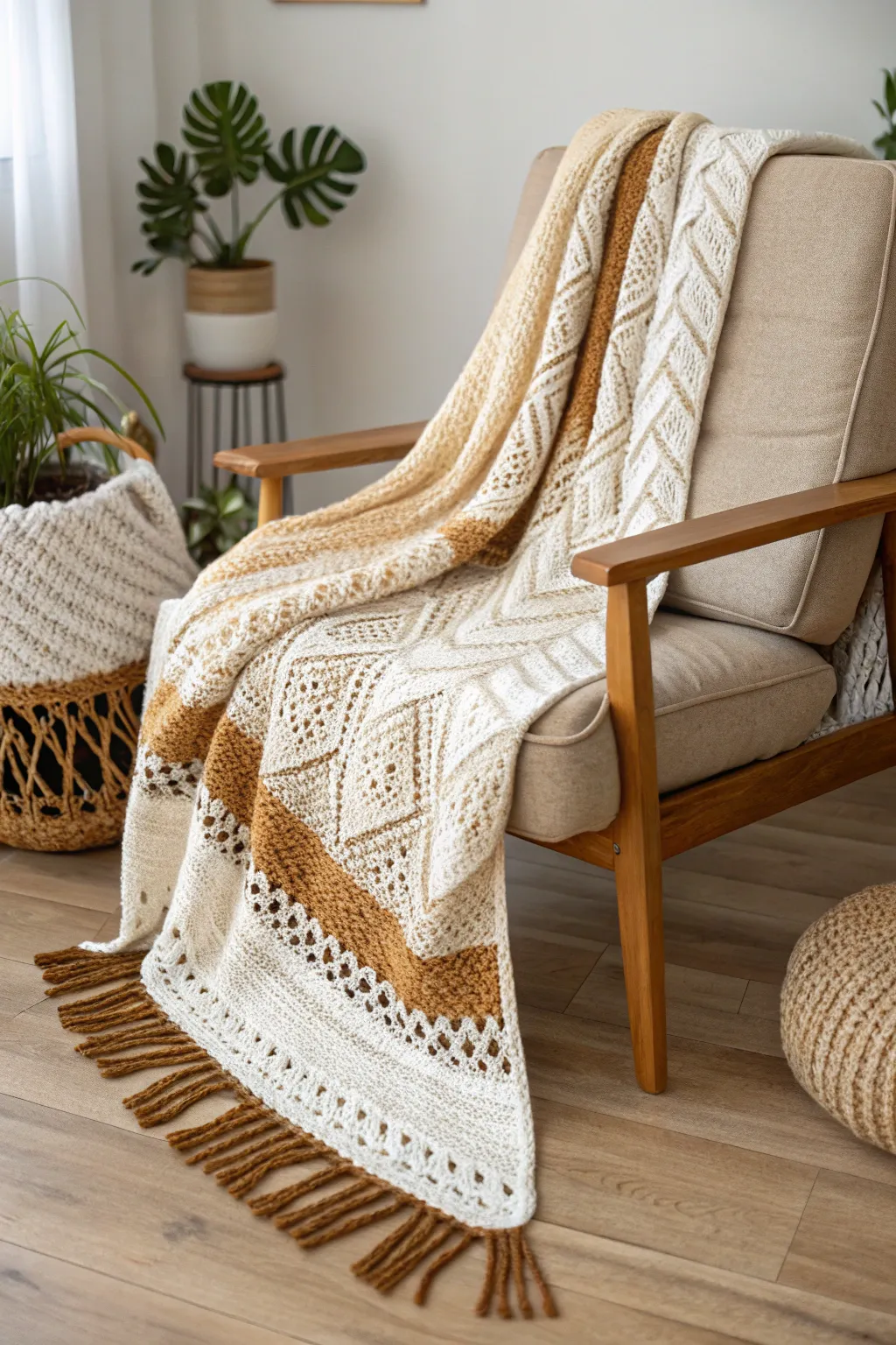 Wrap yourself in the warmth and elegance of a handcrafted Tunisian crochet blanket, the perfect blend of simplicity and natural charm.