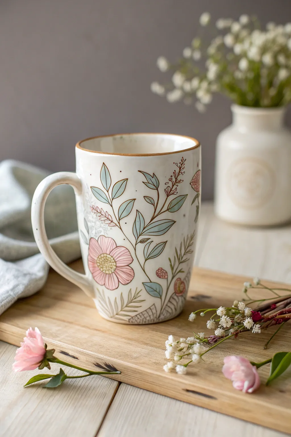 Transform your mug into a garden-inspired masterpiece with detailed floral underglaze designs.