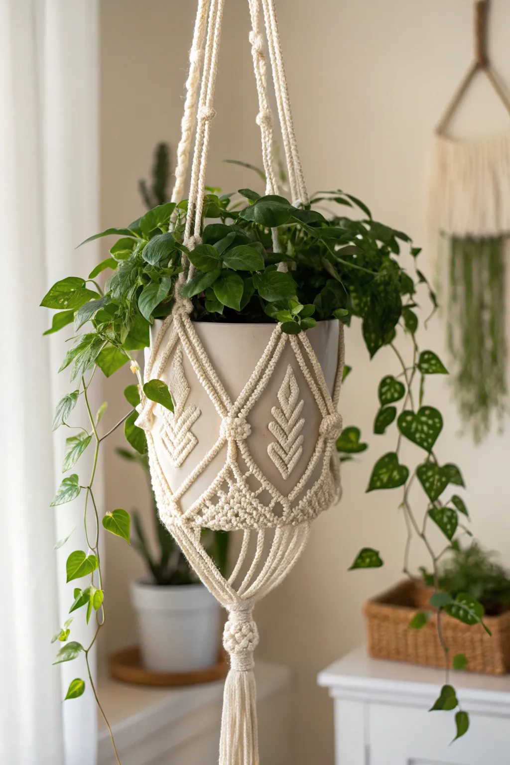 Elevate your indoor garden with the perfect blend of minimalism and boho charm: a handcrafted crochet plant hanger.