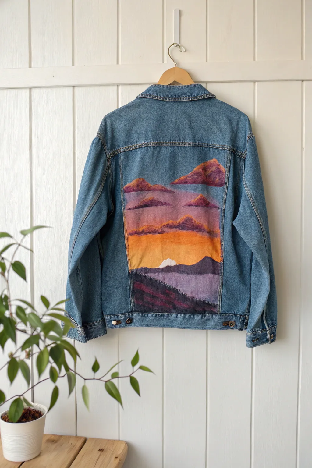 Transform your denim into a masterpiece with hand-painted sunset artistry. 🌅✨