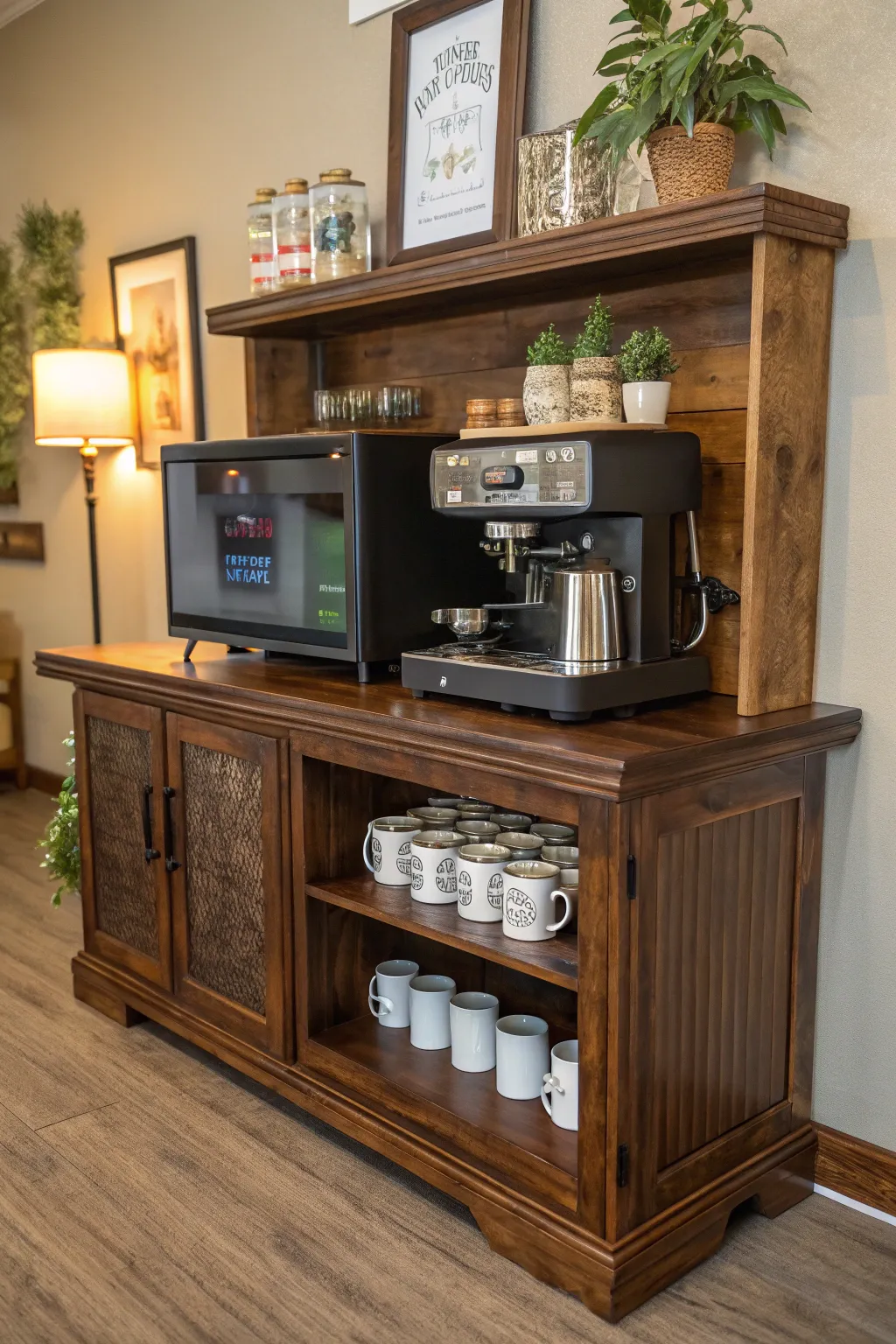 Transform your old TV stand into a charming coffee bar for a cozy morning ritual.