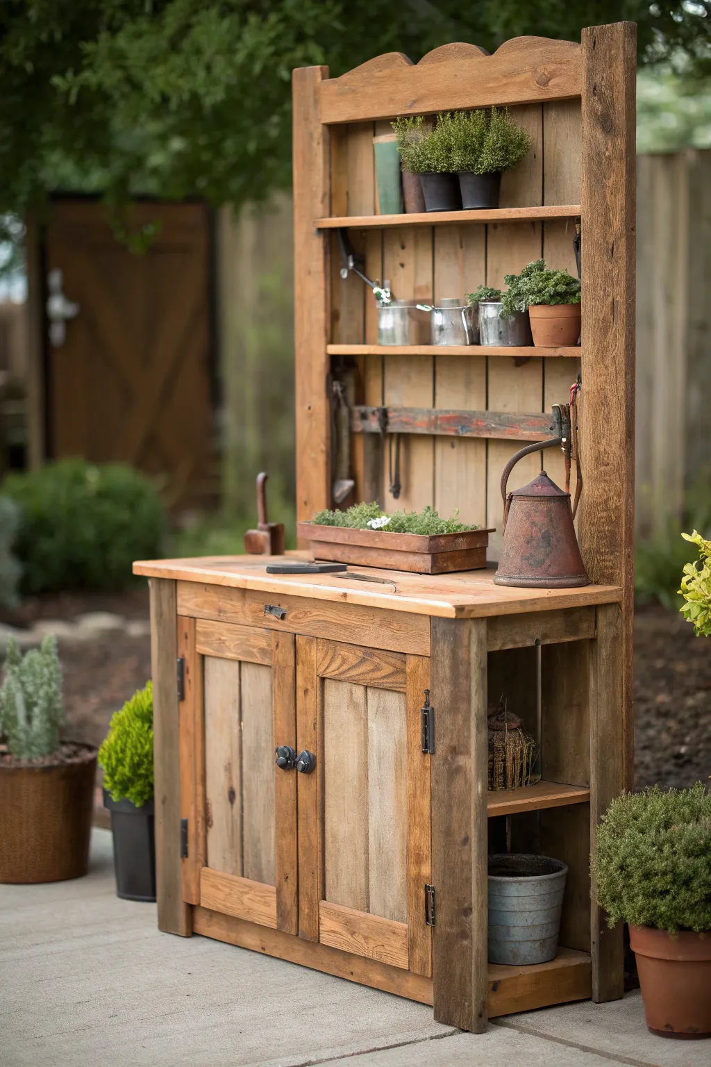 Transform history into utility: A rustic potting bench crafted from an old door.