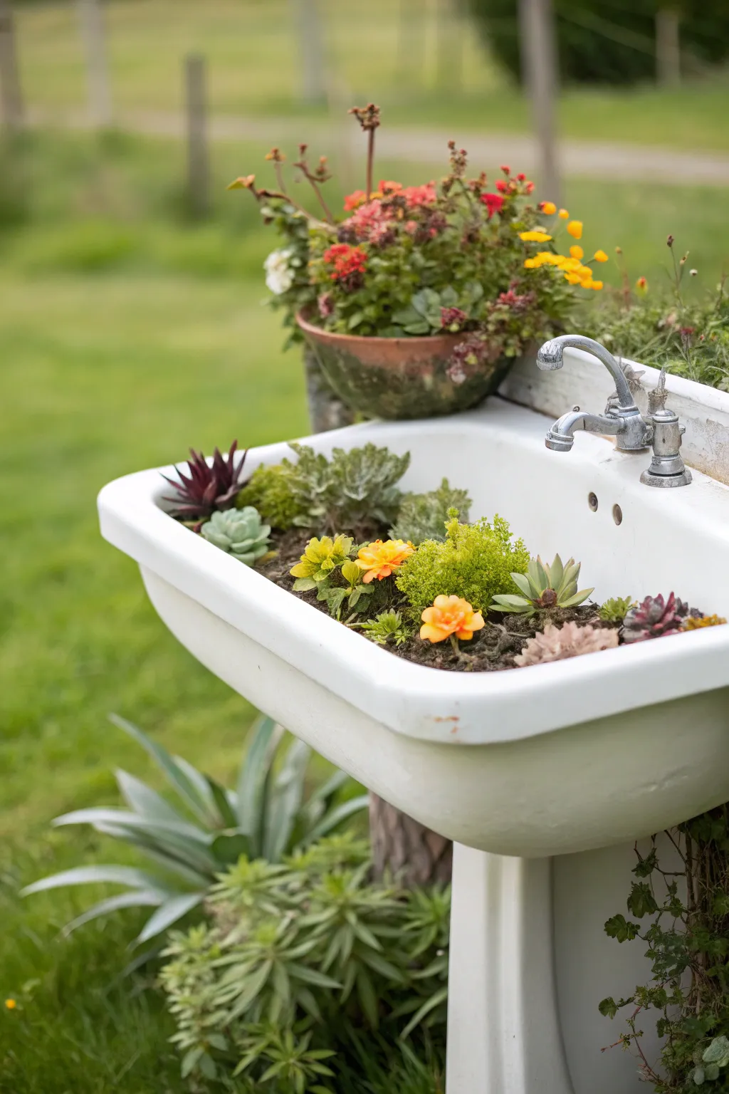 Revive and Bloom: Transform an old sink into a stunning garden centerpiece with minimalistic charm.