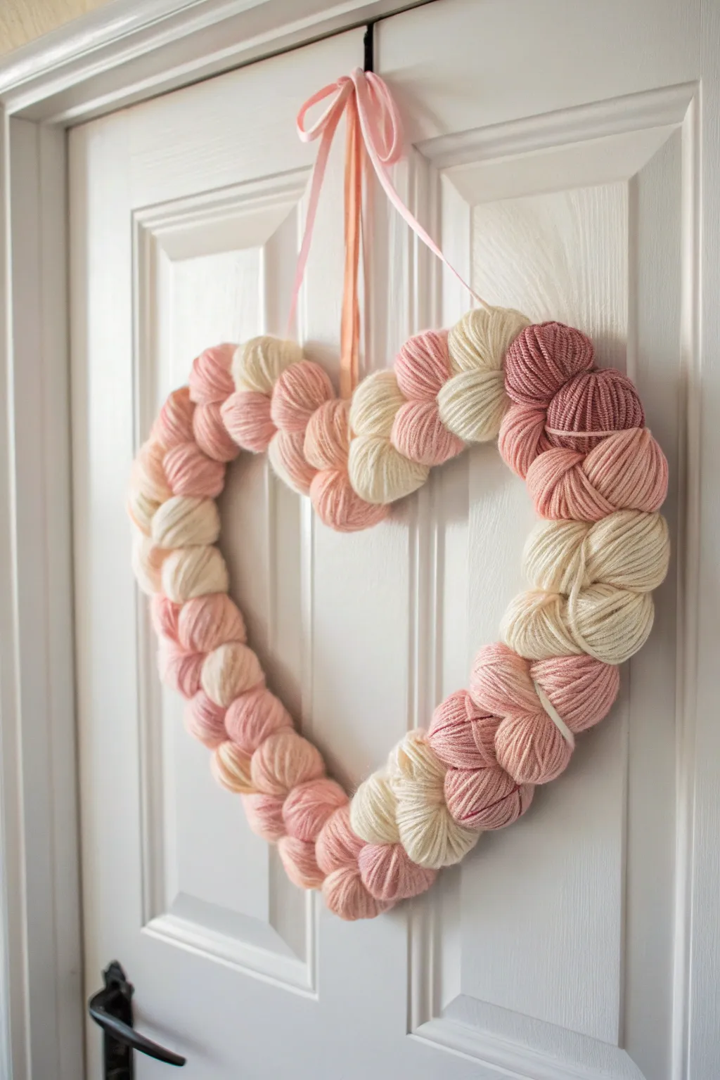 Add a touch of handmade charm to your door with this cozy heart-shaped yarn wreath.