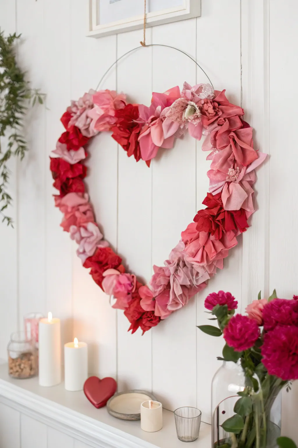 Transform your leftover fabric scraps into a charming heart wreath, perfect for adding a touch of love and creativity to your space!