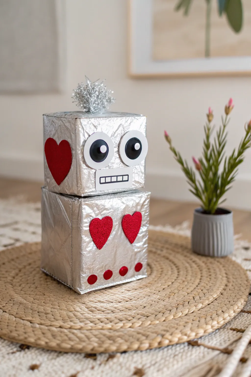 Craft a charming robot Valentine box with a touch of Scandinavian simplicity and boho flair!