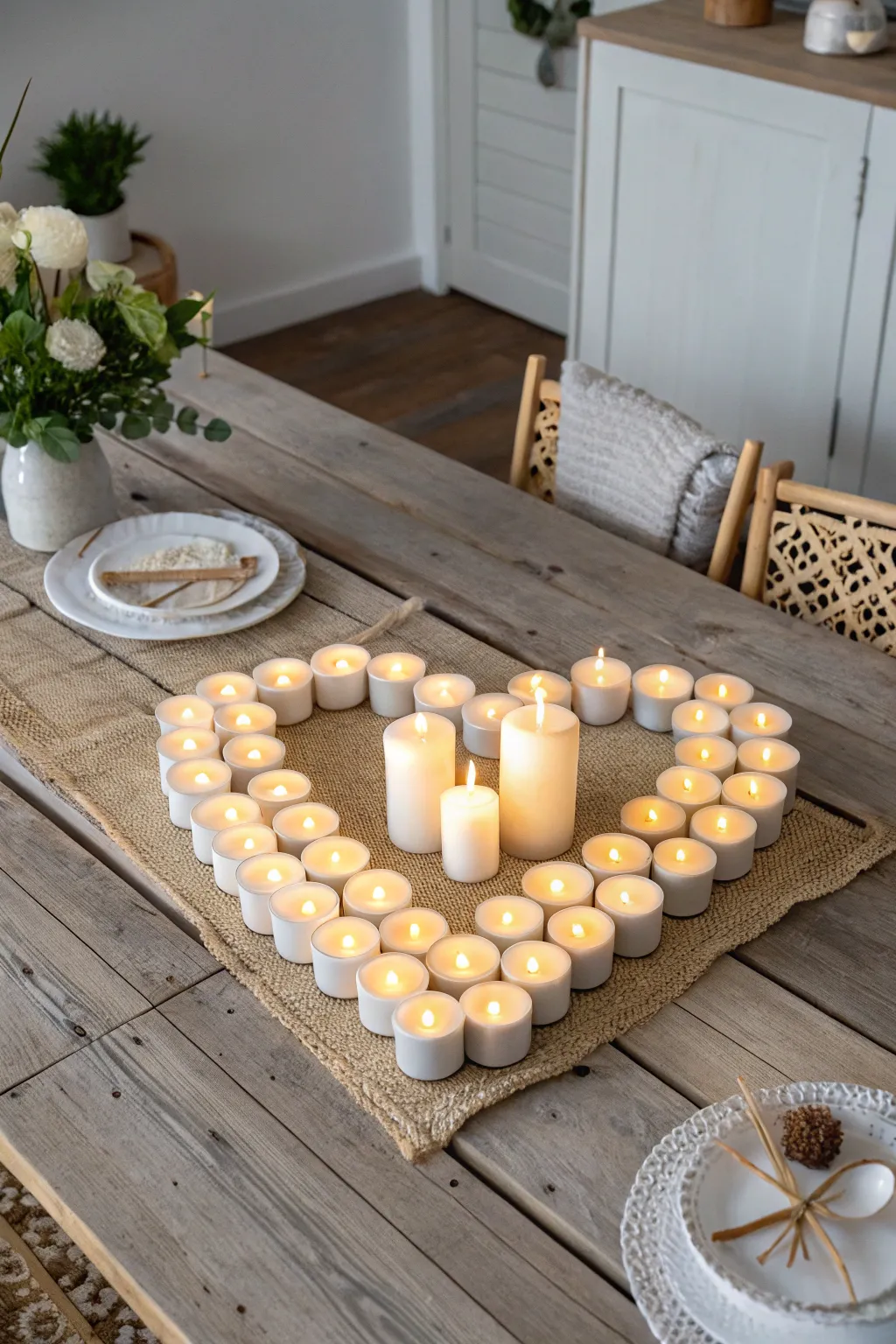 Elegance in simplicity: Heart-shaped candle arrangement for a romantic Valentine's Day centerpiece.