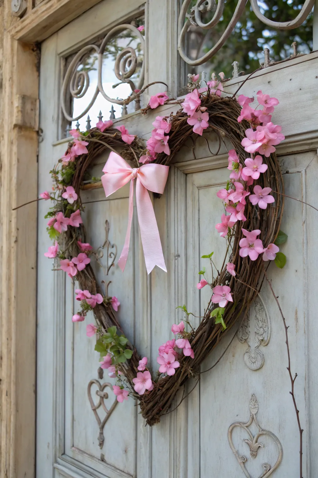 A rustic grapevine wreath with faux florals creates a timeless Valentine's look.