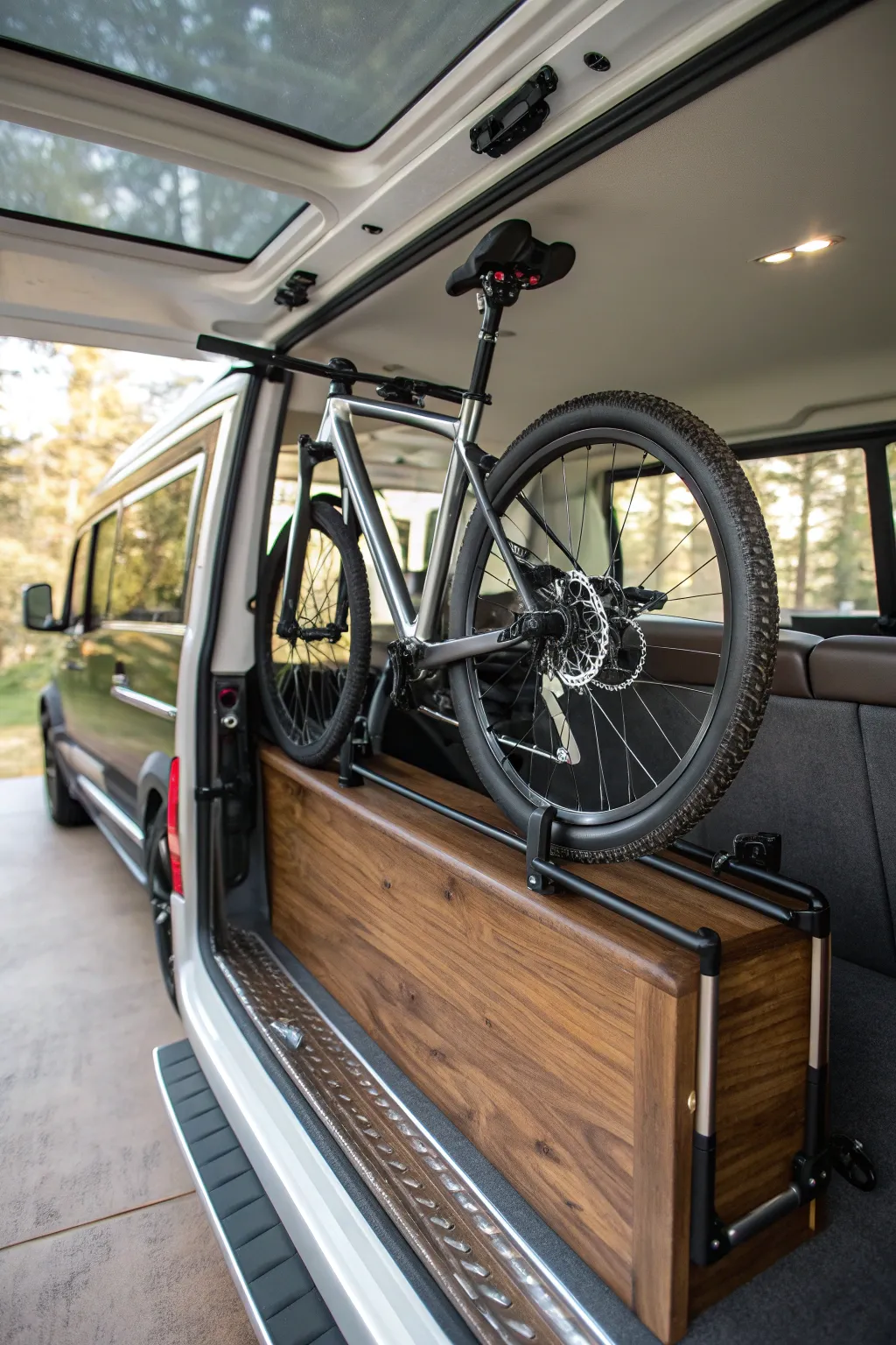 Ultimate adventure companion: a slide-out bike rack that combines style with practicality.