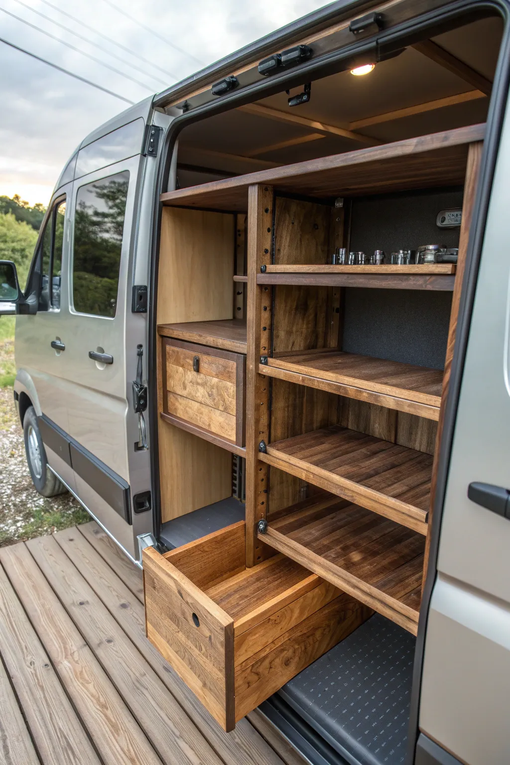 Transform your van with custom shelving: A masterpiece of craftsmanship and functionality.