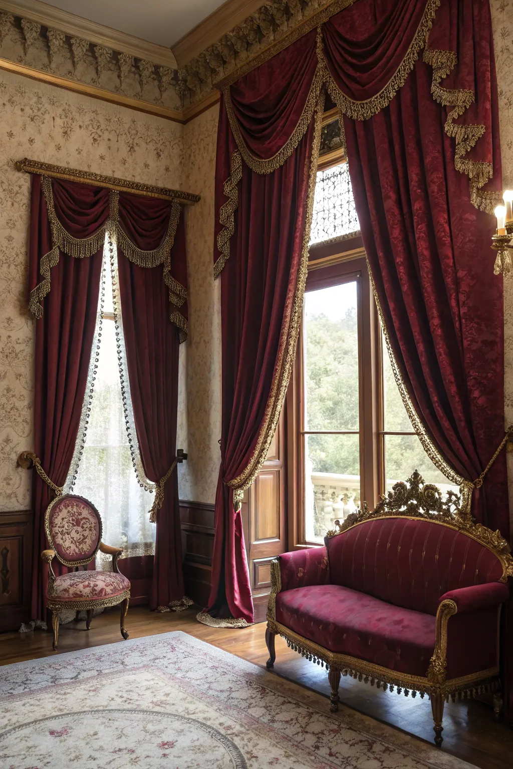 Deep burgundy velvet curtains add drama to a Victorian-styled room.