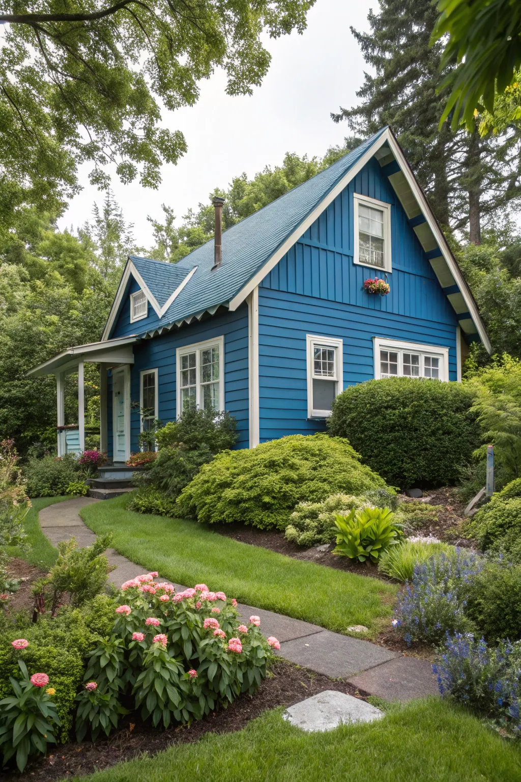 Bold blue vinyl siding adds character to this small home.