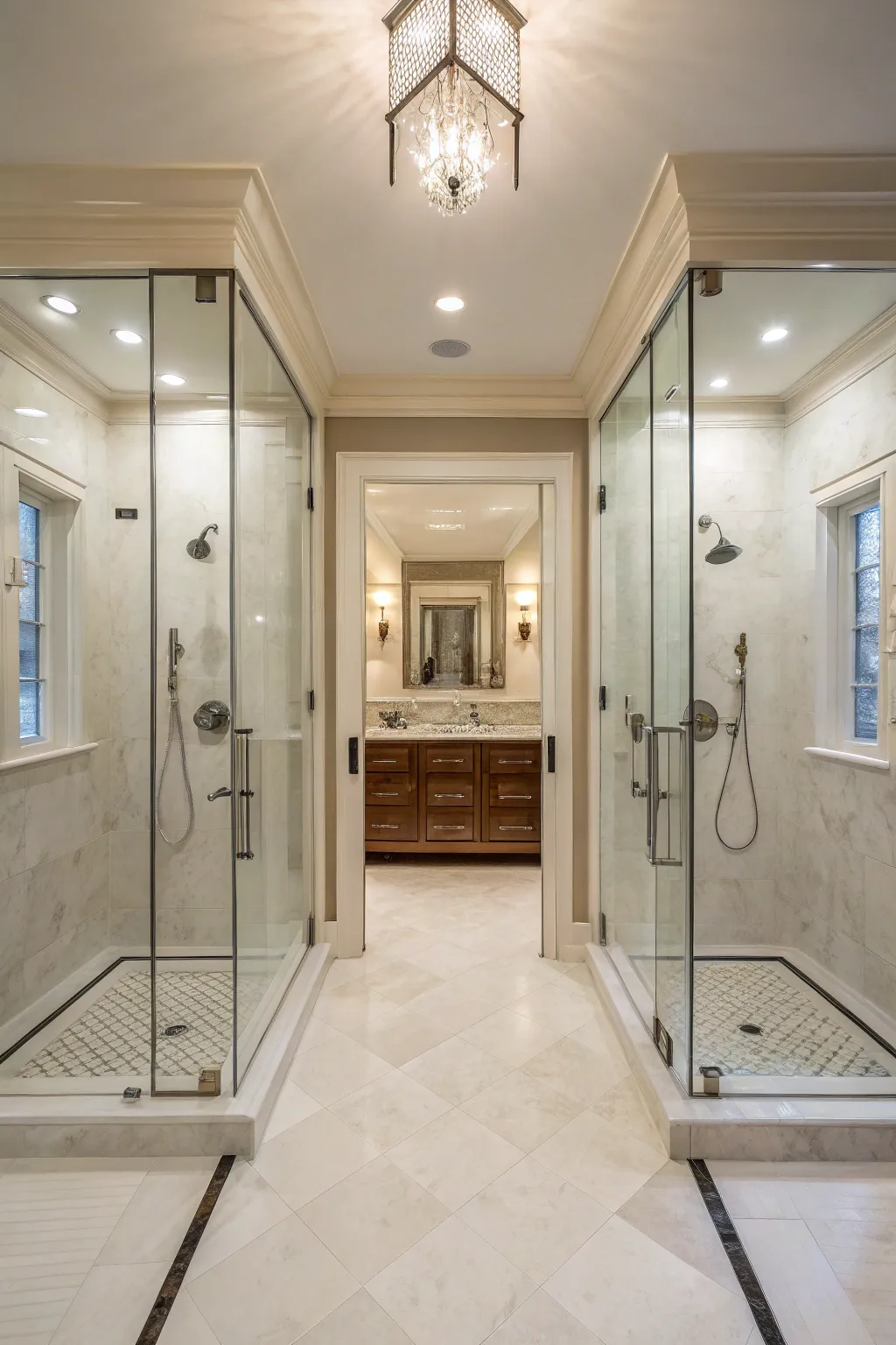 An open-layout double shower providing ample space and elegance.