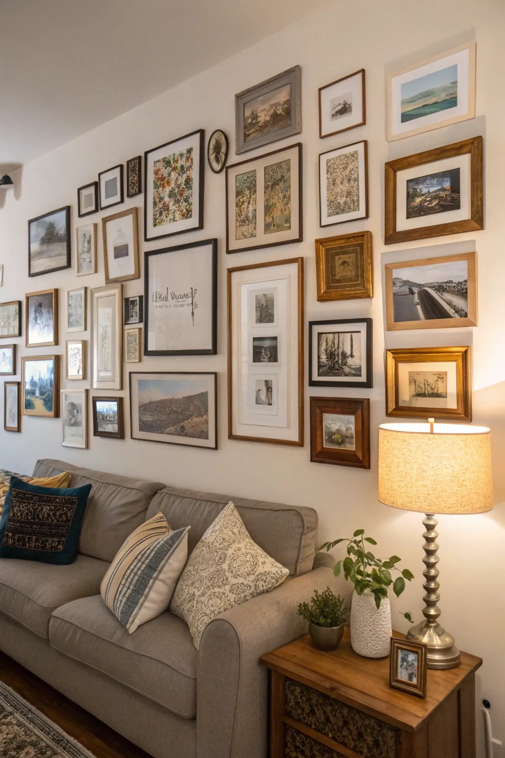 An eclectic gallery wall showcasing personal art and photography.
