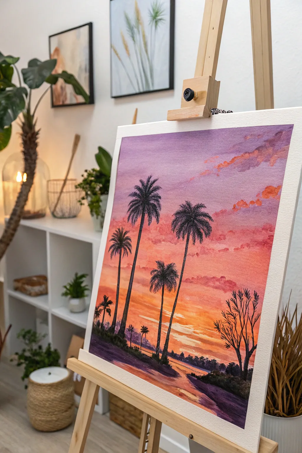 Embrace the serene allure of a dreamy sunset with this minimalist watercolor masterpiece, perfect for adding a touch of tranquility to your home.
