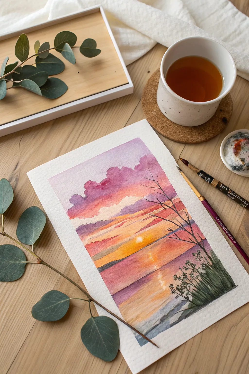 Capture the magic of a serene sunset with watercolor brushstrokes that dance across the paper, blending nature's colors in perfect harmony.