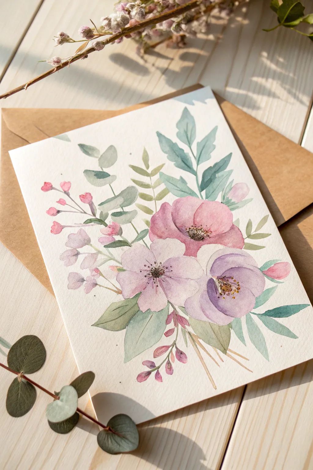 Delight her with a touch of artistry: a handcrafted watercolor floral card, perfect for Mother's Day.