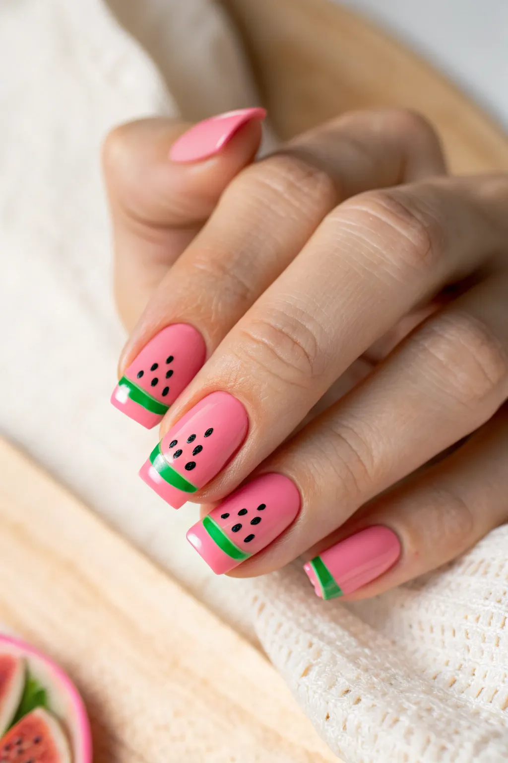 Embrace summer vibes with these charming watermelon nails, a perfect blend of minimalist design and playful elegance.