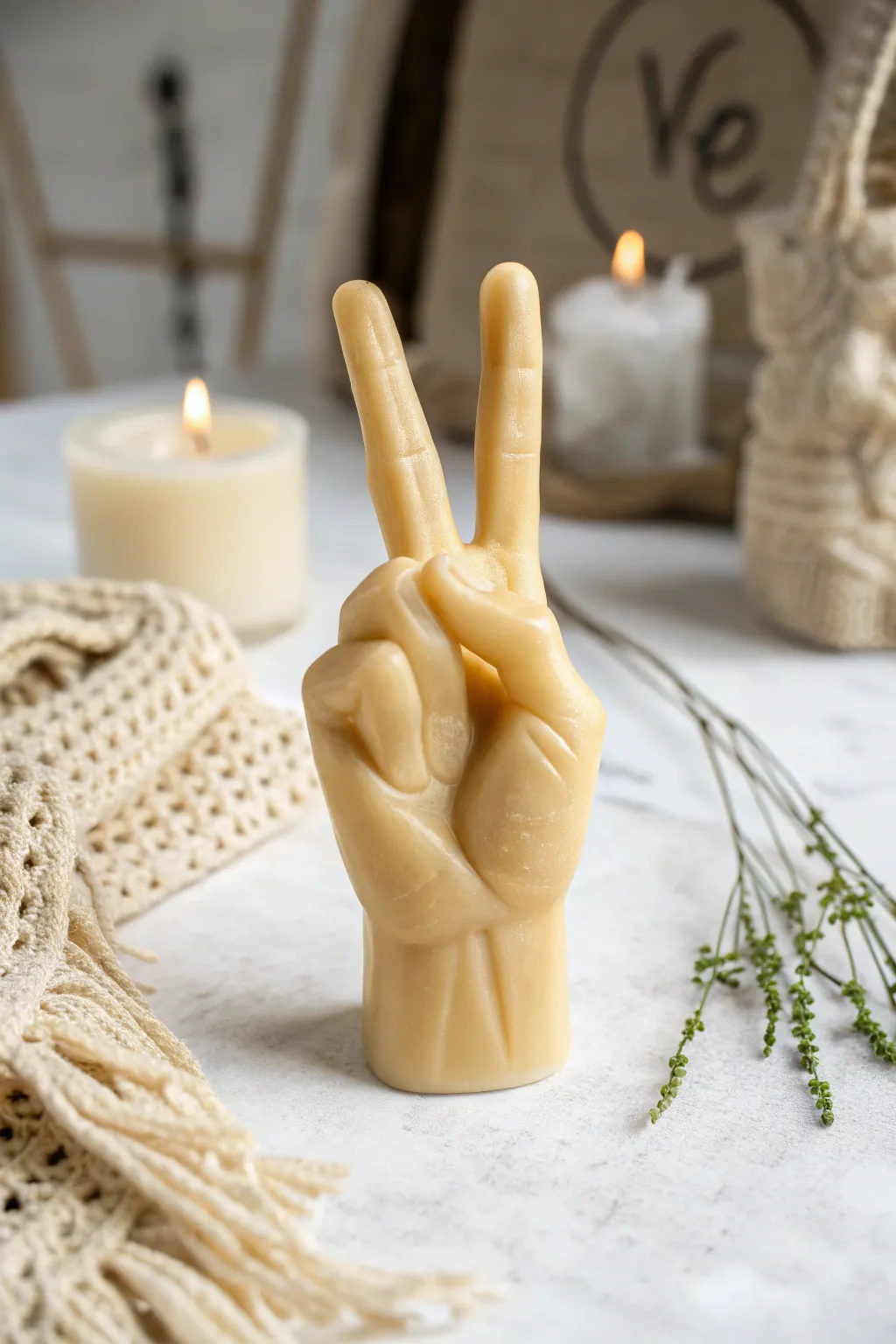 Embrace peace and simplicity with this beautifully crafted wax hand.