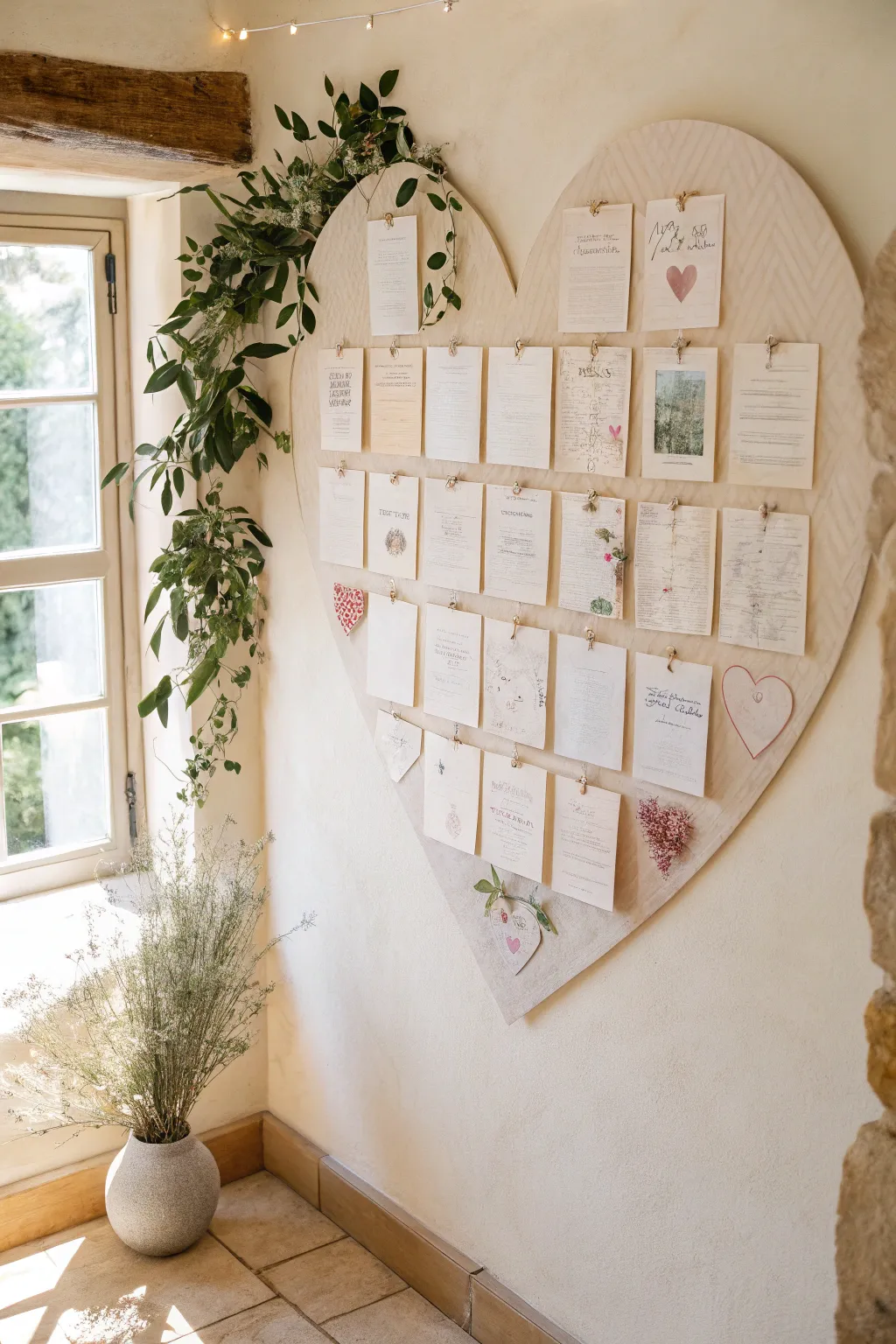 Capture love's essence with a heart-shaped wedding card collage, blending Scandinavian minimalism with Boho charm.