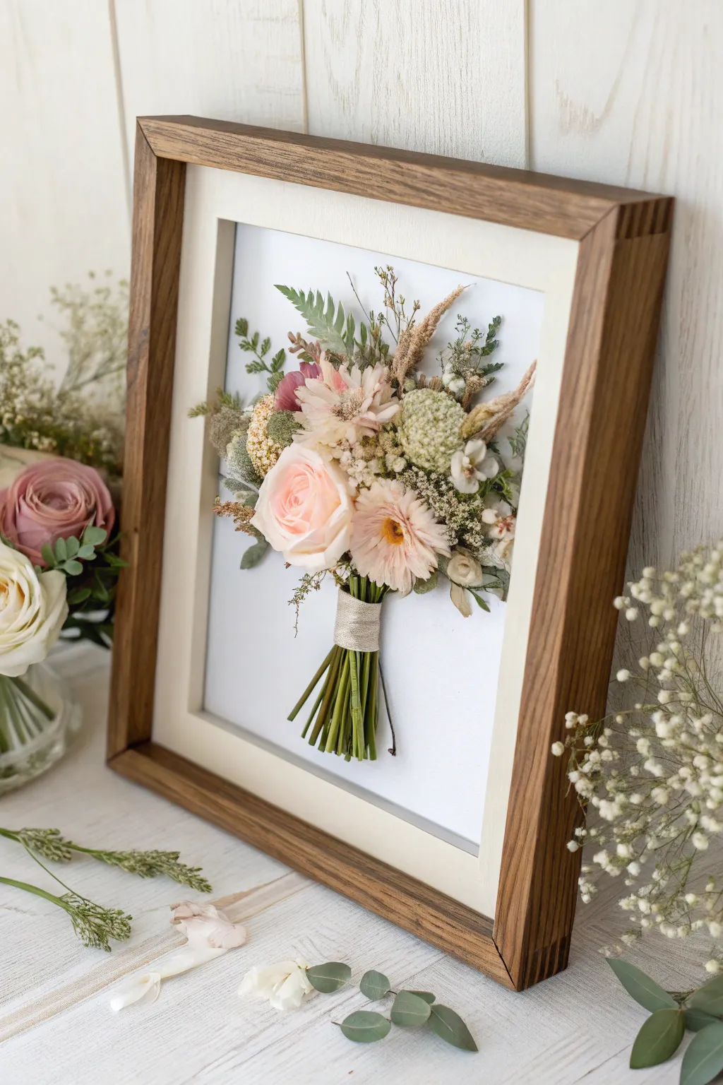 Preserve your wedding day memories with timeless elegance: a framed art piece of your bouquet.