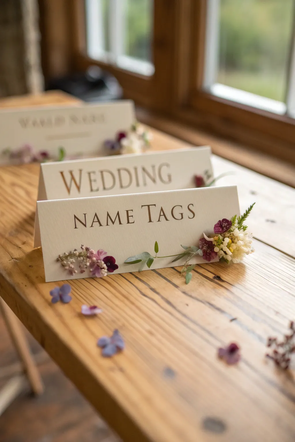 Floral accents add a romantic touch to wedding name tags.