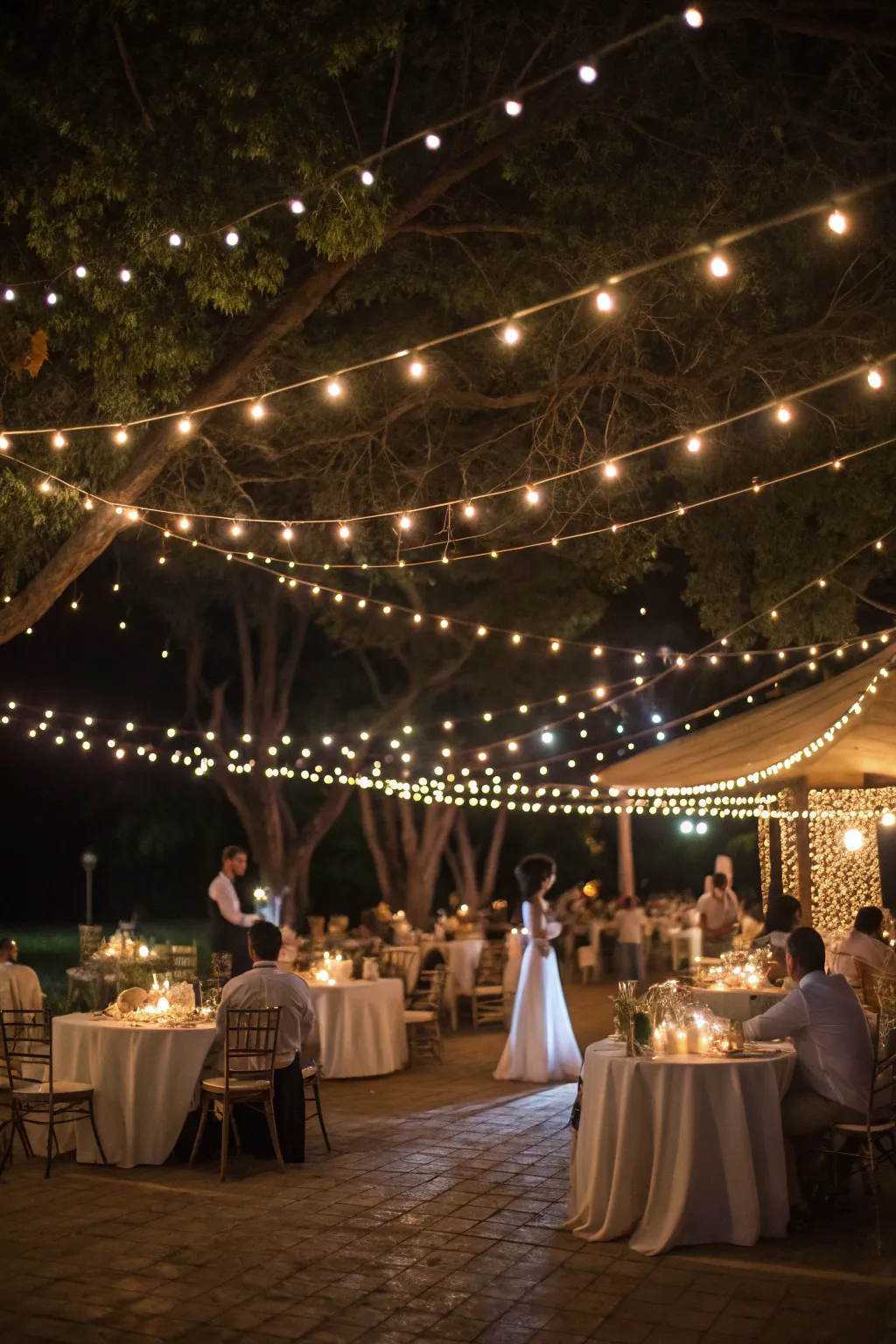 Fairy lights twinkle above, setting a romantic tone for the evening.