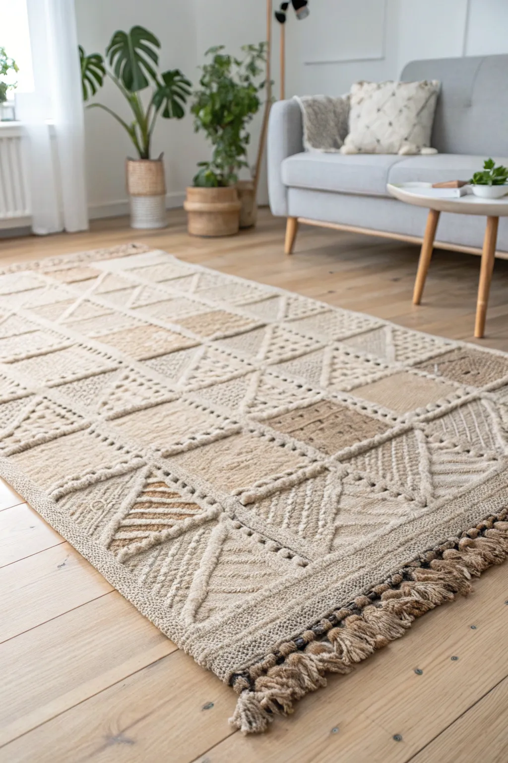 Transform your space with a custom rug crafted from carpet remnants. A touch of boho charm meets Scandinavian simplicity.