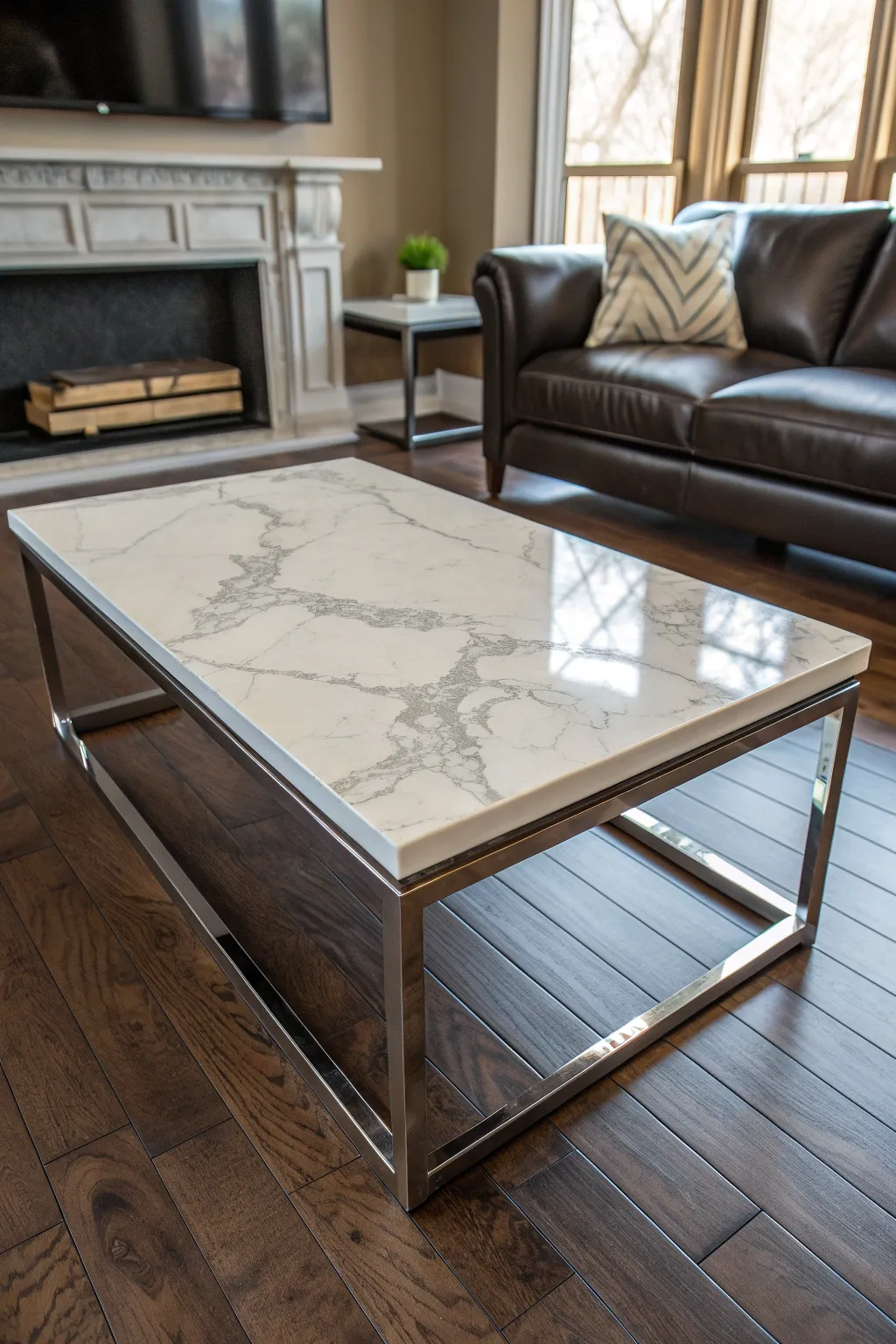 Transform leftover quartz into a masterpiece: a coffee table that tells your story.