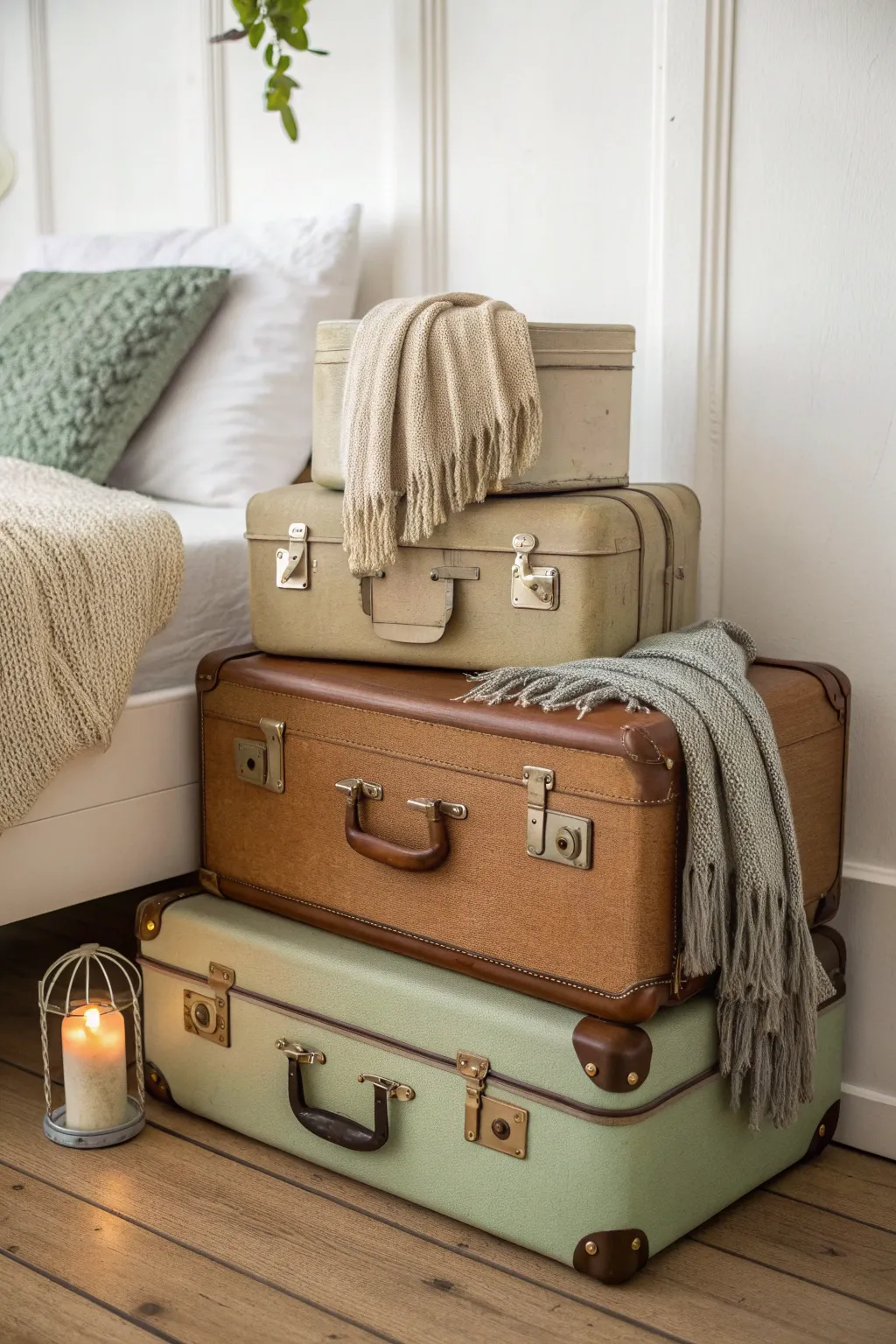 Transform old suitcases into a chic nightstand for a touch of vintage charm and extra storage.
