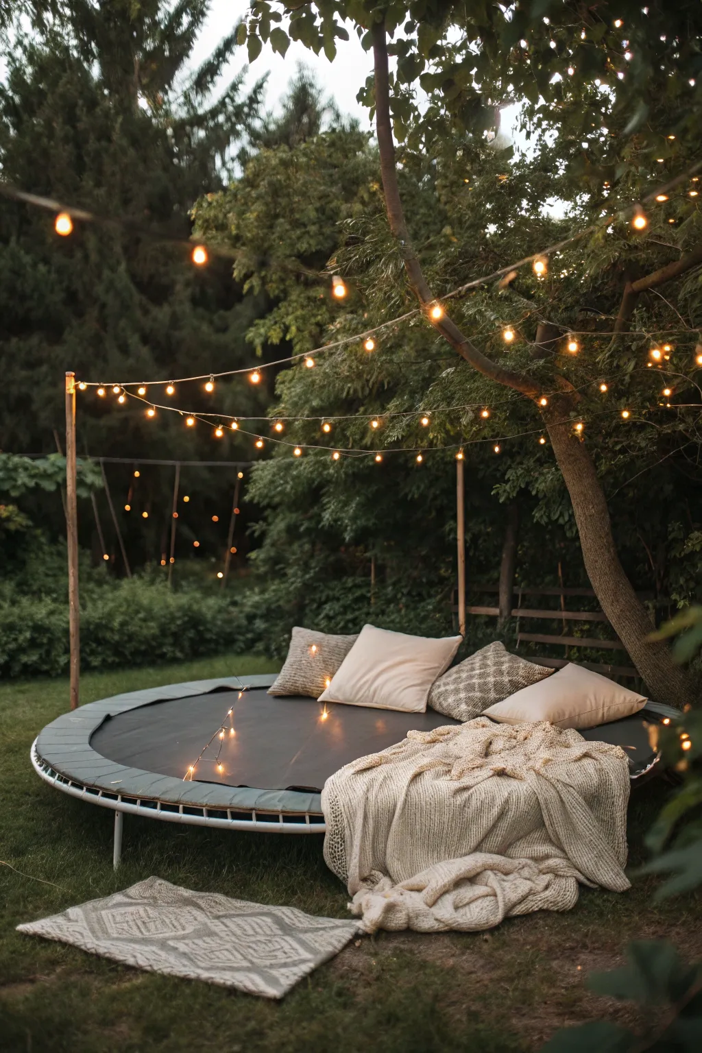 Transform your old trampoline into a serene outdoor retreat with cushions and lights.