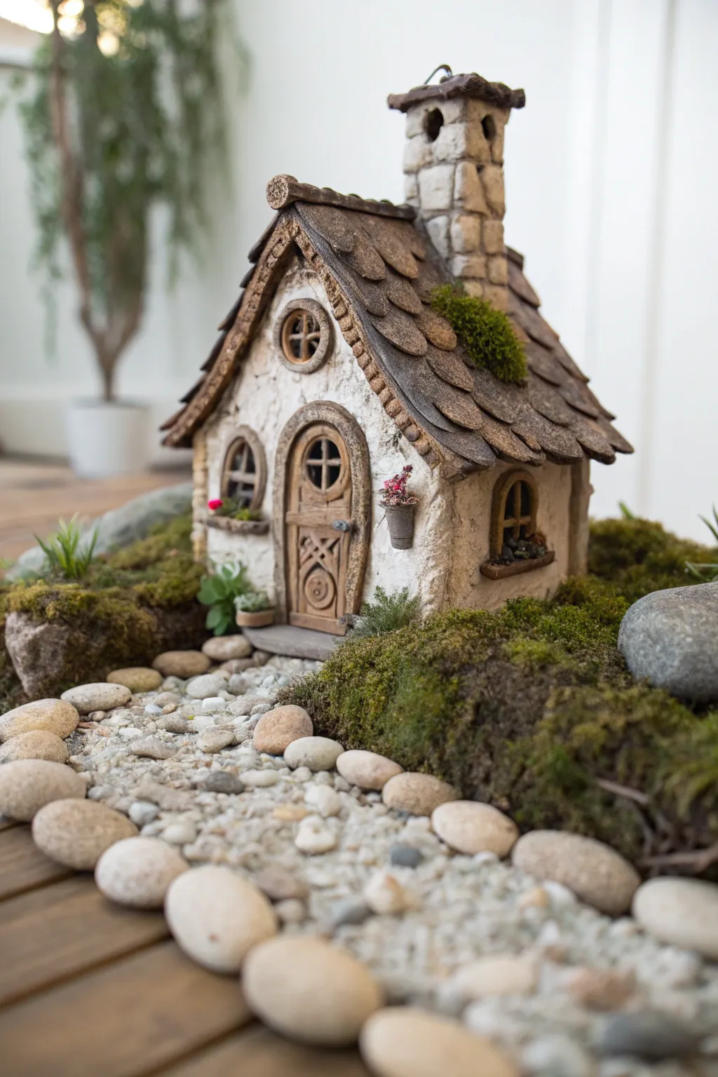 Step into a whimsical world with this charming clay fairy cottage, where tiny details make a big impact.