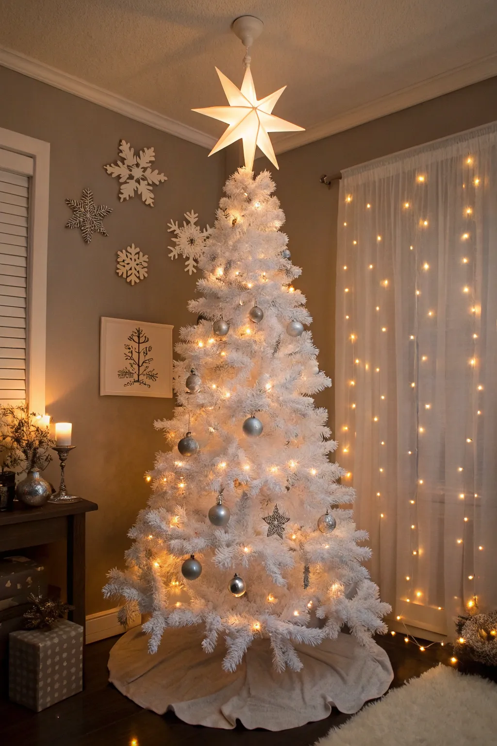 A classic white star shines atop a beautifully lit Christmas tree.