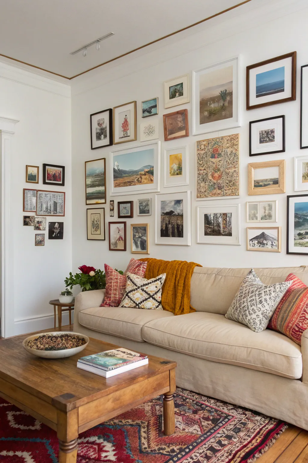 A gallery wall can transform your white walls into a personal art exhibit.