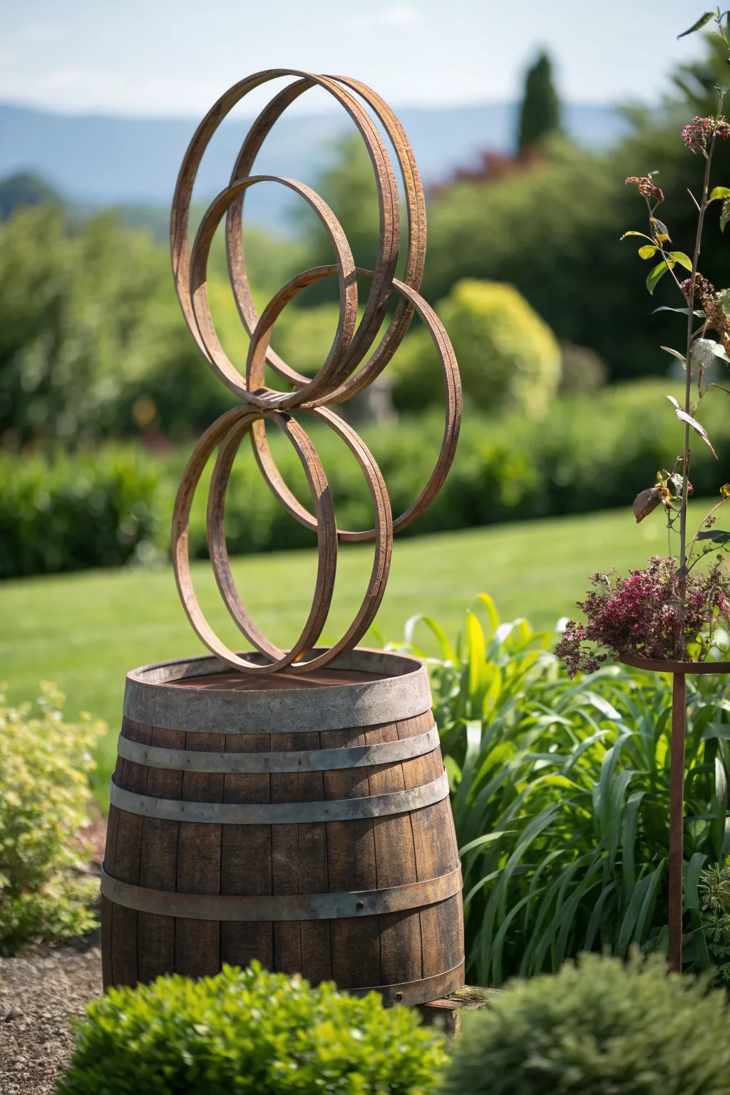 Elevate your garden with the timeless elegance of wine barrel ring sculptures.